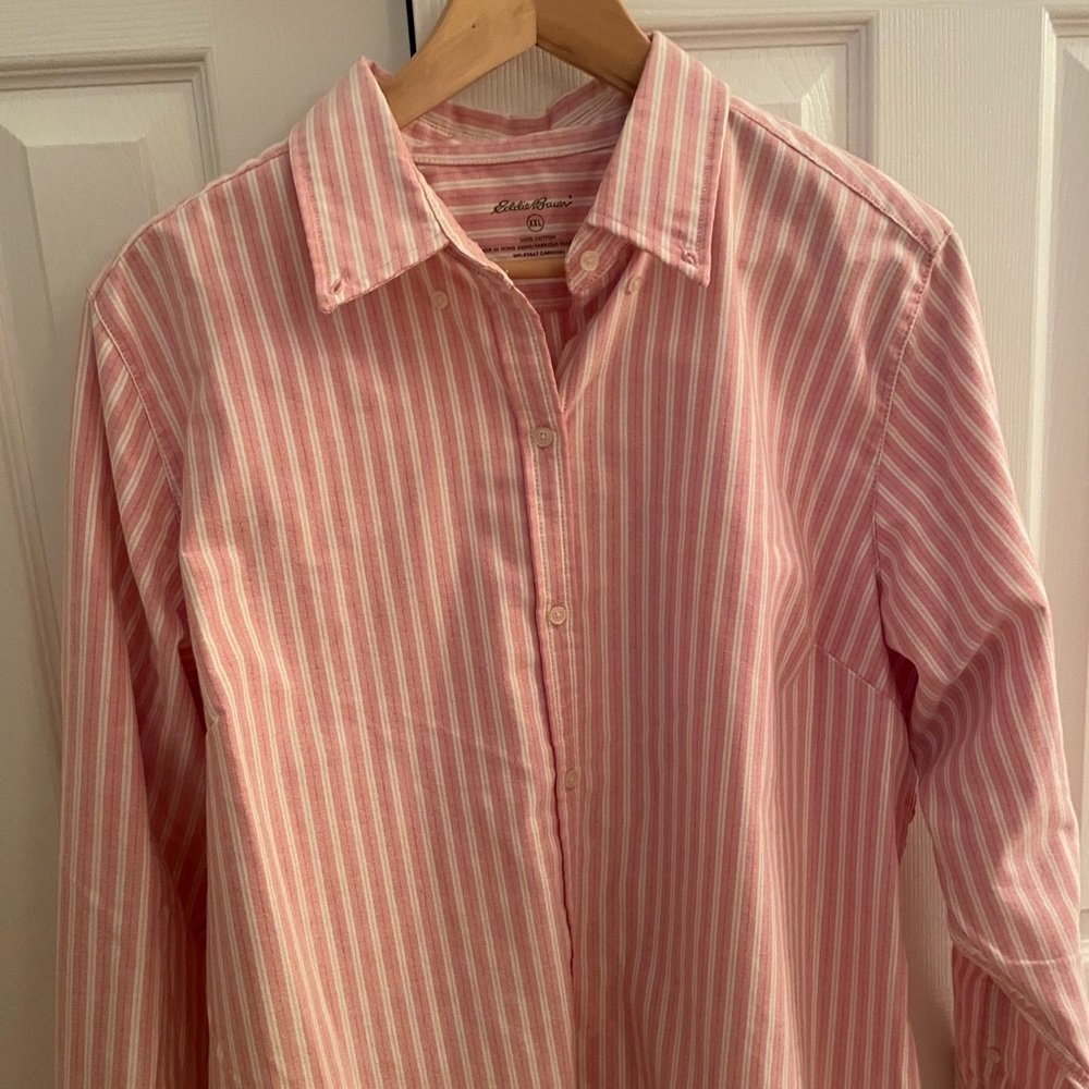 Pink and white ticking stripe Eddie Bauer Women’s Button Down Blouse